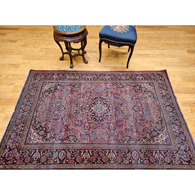 Vintage Kashan Rug, Hand-Knotted Wool & Cotton, Floral Pattern, Red & Navy, 4x6 For Sale In Chicago - Image 6 of 18