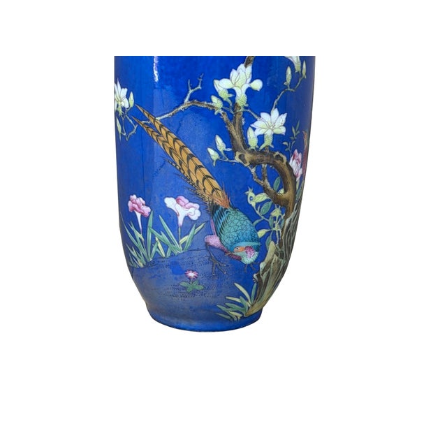 8" Vintage Bright Cobalt Blue Flower Bird Enamel Porcelain Art Vase For Sale - Image 9 of 13