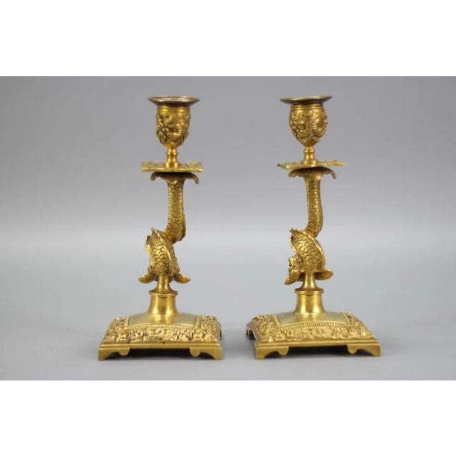 French Bronze Candlesticks with Dolphin Figures, Set of 2 For Sale - Image 3 of 18