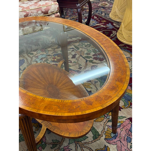 Wood Maitland Smith Marquetry and Glass Oval Coffee Table For Sale - Image 7 of 11