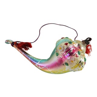 Antique Blown Glass Christmas Ornament Horn Pipe Puff Flowers Rainbow For Sale