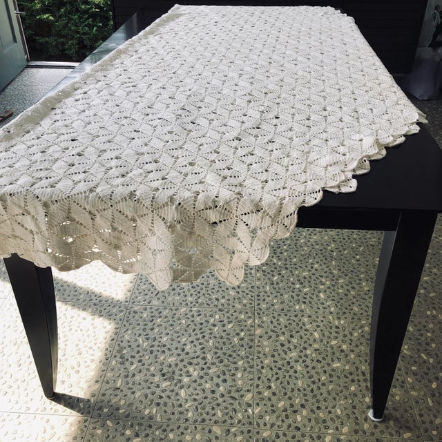Textile Vintage Handmade White Cotton Crochet Tablecloth For Sale - Image 7 of 8
