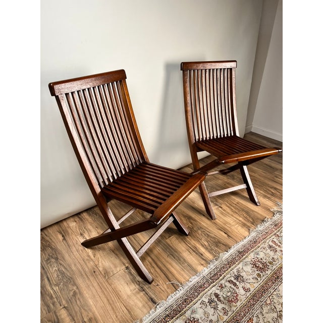 Pair Vintage Mid-Century Modern Style Teak Folding Chairs For Sale - Image 4 of 10