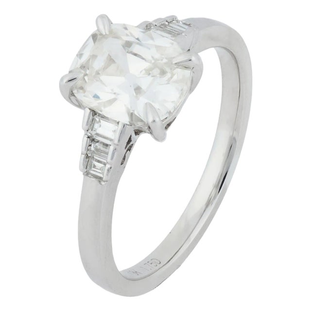 Mid 20th Century Gia 1.51 Carat Old Mine Cut Diamond 18k White Gold Engagement Ring, Size 6 For Sale