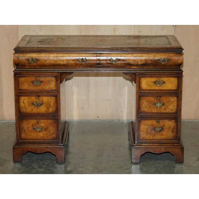 This is a very fine fully, Antique circa 1900, Burr Walnut twin pedestal partner desk with hand dyed brown leather top....
