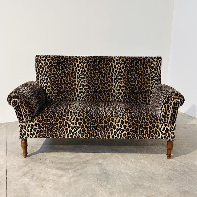 Vintage Leopard Velvet Sofa with Drop-Down Arms, France For Sale - Image 14 of 14