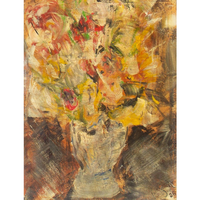 A 1926 abstract still life painting. This painting depicts a single vase arranged with a colorful array of flowers....