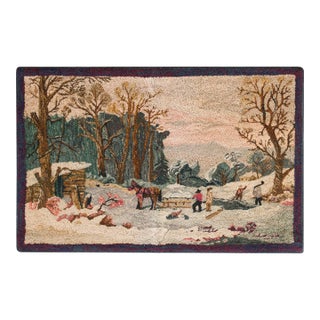 1950s Multicolor Scene Pictorial Vintage American Hooked Rug 1'10" X 2'10" Handknotted Wool Carpet For Sale