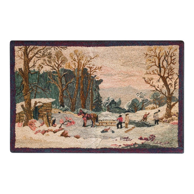 1950s Multicolor Scene Pictorial Vintage American Hooked Rug 1'10" X 2'10" Handknotted Wool Carpet For Sale