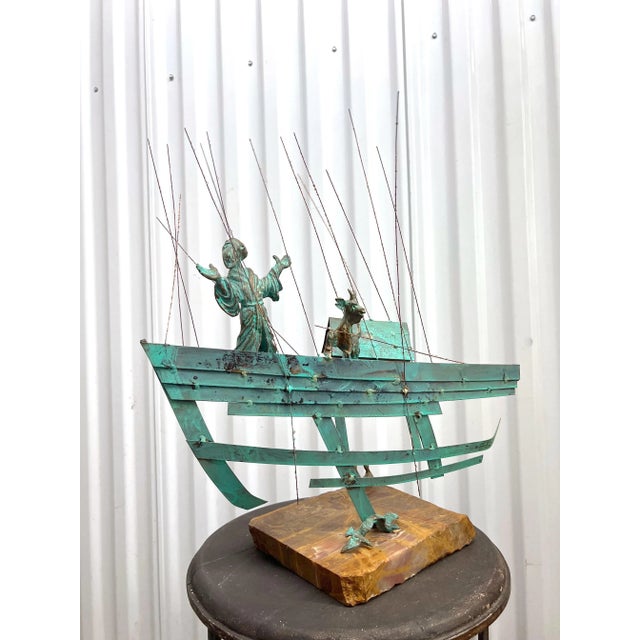 Bijan Signed Metal Art Sculpture of Man on Boat With Goats. For Sale In Charleston - Image 6 of 12