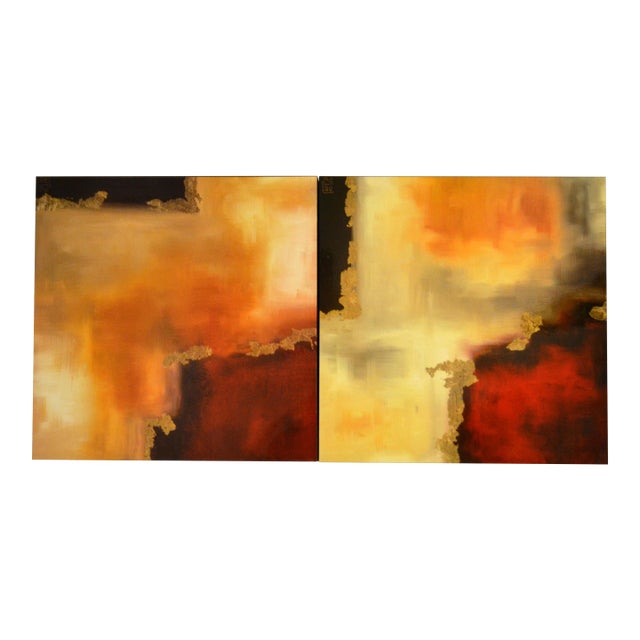 Two-Panel Abstract Contemporary Art Paintings Warm Tones Gold Accents Modern For Sale