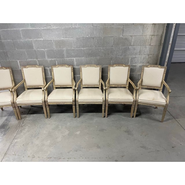 1950s Antique French Carved Fruitwood Louis XVI Style Arm Chairs - Set of 6 For Sale - Image 5 of 12