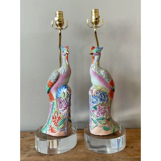 Vintage Asian Rose Famile Phoenix Glazed Ceramic Lamps - Set of 2 For Sale - Image 4 of 12