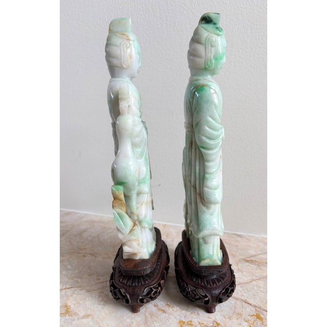 Pair 10" Antique Chinese Qing Natural Jadeite Jade Kuan Yin With Cranes & Stands For Sale - Image 11 of 12