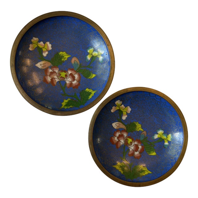 Mid 20th Century Blue Floral Cloisonné Dishes - a Pair For Sale