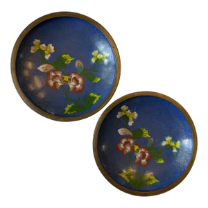 Mid 20th Century Blue Floral Cloisonné Dishes - a Pair
