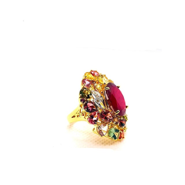 Bochic “Orient” Vintage Diamond, Ruby & Multi Sapphire Ring Set In 18K Gold & Silver For Sale - Image 4 of 13