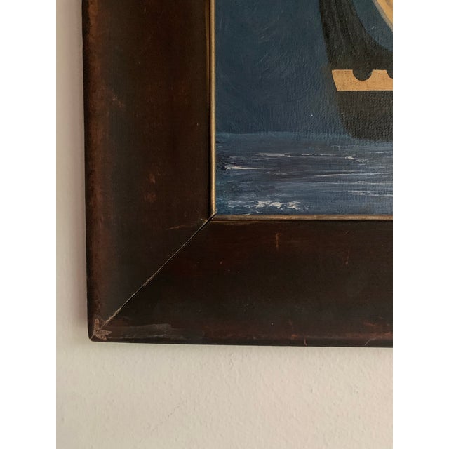 A dramatic seascape inspired by traditional maritime paintings, featuring a black vessel beneath a deep navy sky and...