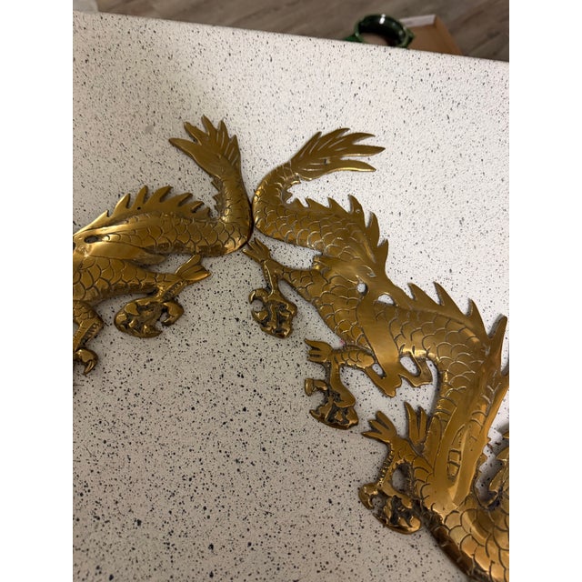 Ceramic Pair of Chinese Wall Mounted Brass Dragons 16” For Sale - Image 7 of 9
