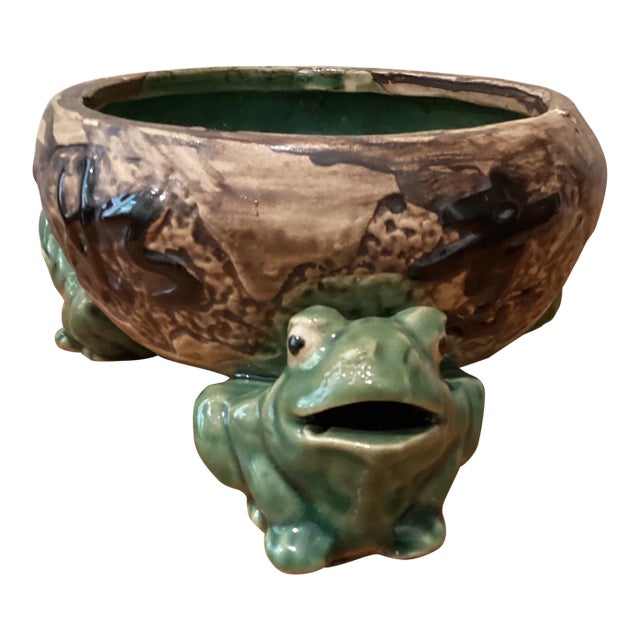 Vintage Chinese Ceramic Glazed Crackle Planter With Frog’s Caligraphy, Signed For Sale