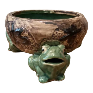 Vintage Chinese Ceramic Glazed Crackle Planter With Frog’s Caligraphy, Signed
