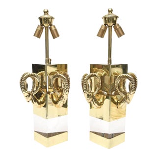 Vintage Hollywood Regency Style Lucite and Polished Brass Ram's Head Wall Sconces Pair Of For Sale