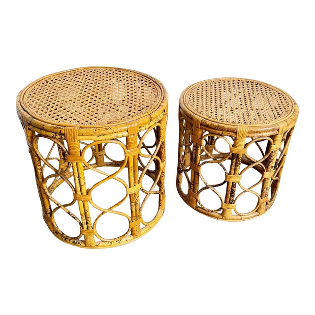Boho Chic Tortoise Shell Finish Bamboo Cane Top Nesting Drum Tables - a ...