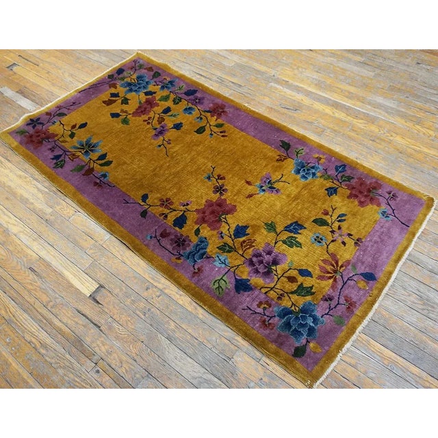 1920s Yellow Purple Floral Antique Chinese Art Deco Carpet 3'1" X 5'10" Knotted Wool Rug For Sale - Image 9 of 11