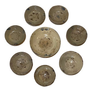 Antique Chinese Small Porcelain Bowls With Cream Ground and Blue Underglaze - Set of 8 For Sale