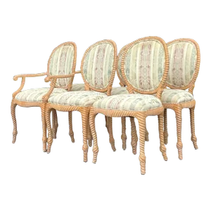 Vintage Boho Spanish Carved Rope Dining Chairs - Set of 6