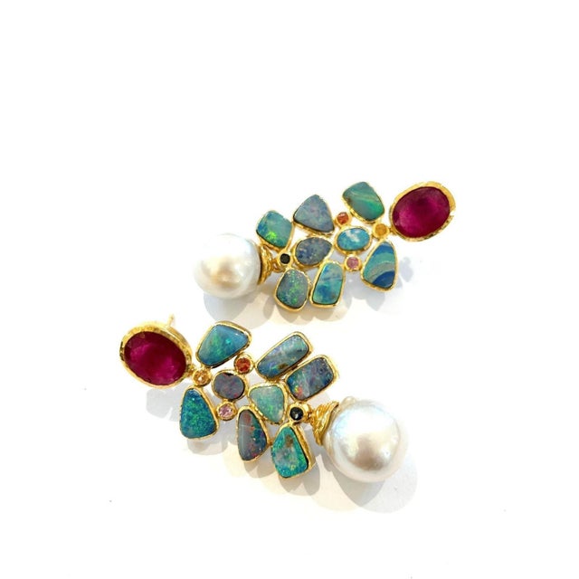 Red Bochic “Orient” Red, Opal & Multi Color Sapphires Earrings Set 18K Gold &Silver - a pair For Sale - Image 8 of 9