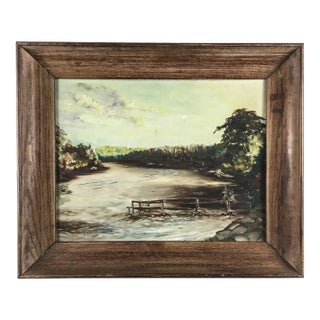1951 MCM Oak Frame Oil Painting For Sale