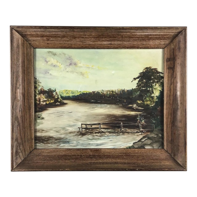 1951 MCM Oak Frame Oil Painting For Sale