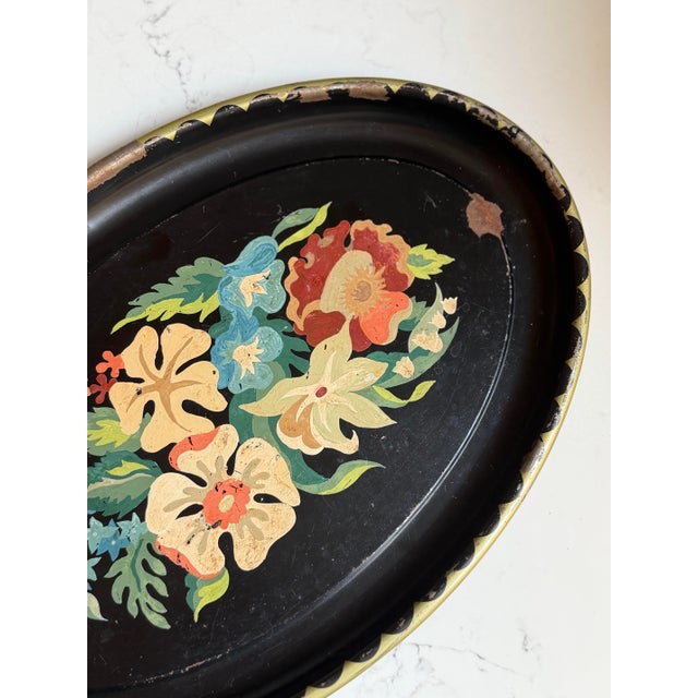 Shabby Chic Vintage Chippy Hand Painted Floral Toleware Tray For Sale - Image 3 of 8