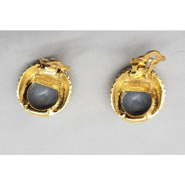 Gold Vintage 1980s Signed Nina Ricci Paris Round Goldtone Grey Rhinestone Clip Earrings - 2 Pieces For Sale - Image 8 of 8