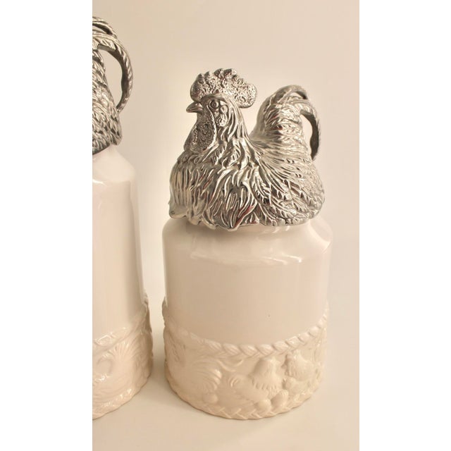 Farmhouse Pair of Arthur Court White Ceramic Canisters With Rooster Lids, 12” & 10.5” For Sale - Image 3 of 7