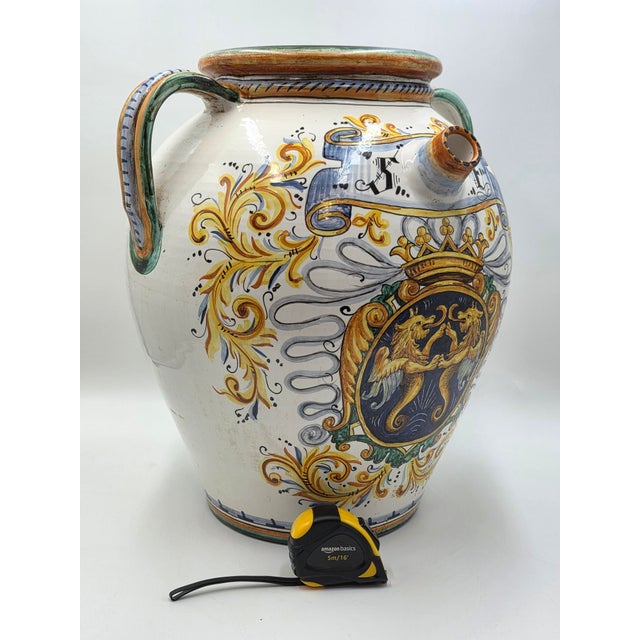 Mid 19th Century Amazing Rare Antique XL Mid 19th C Italian Majolica Olive Oil Jar Heraldic Lions Hand Painted For Sale - Image 5 of 18