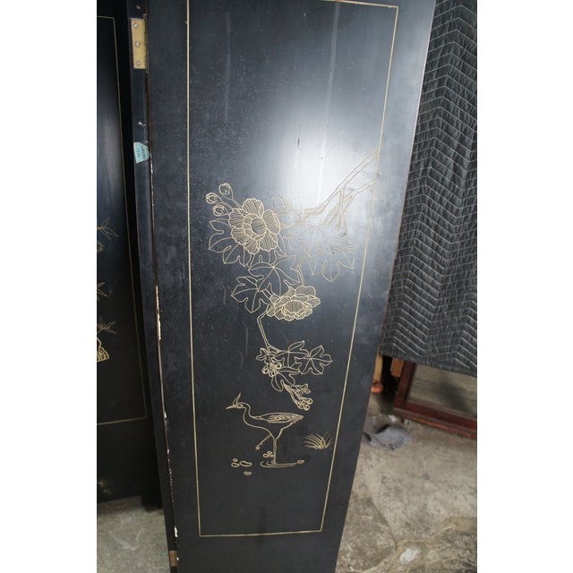 Vintage Chinese Black Lacquer 4 Panel Hand Painted Folding Screen Room Divider For Sale - Image 17 of 18