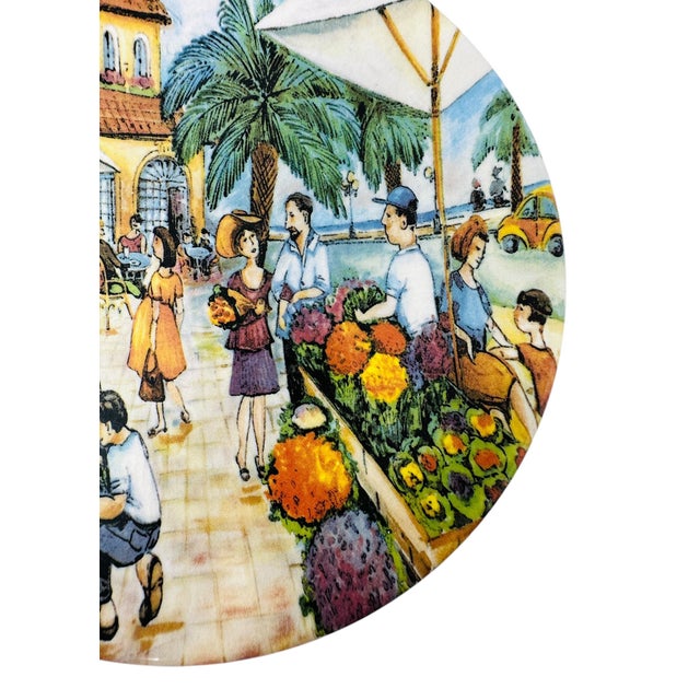 1980s Vintage Brunelli Designs Made in Italy Folk Art Market Scene Ceramic Salad Plates - Set of 6 For Sale - Image 16 of 18