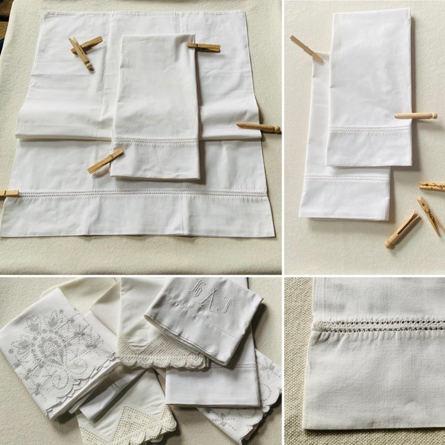 Textile Set of 7 Antique Linen & Cotton Pillowcases With Lace Trim & Monogram — C. 1920s, Nantucket Estate For Sale - Image 7 of 18