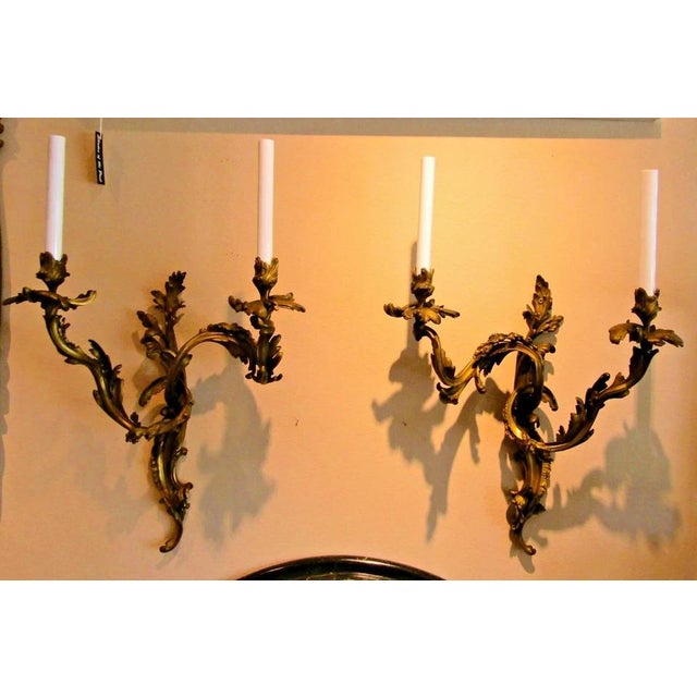 French Antique French 19th Century Louis XV Gilt Bronze Two Light Wall Sconces - a Pair For Sale - Image 3 of 18