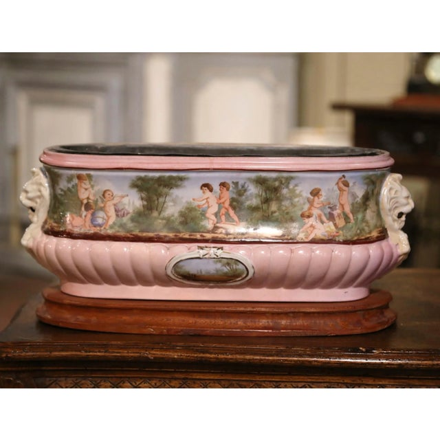 19th Century French Hand-Painted Faience Jardinière With Zinc Liner on Wood Base For Sale In Dallas - Image 6 of 8