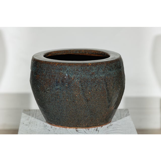 Vintage Chinese Brown and Blue Speckled Planter with Wide Opening For Sale - Image 4 of 18