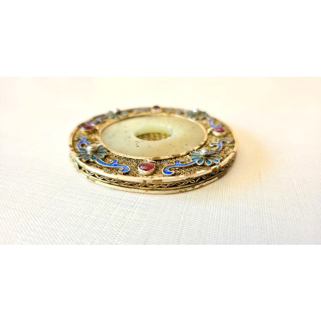 Vintage Chinese Hetian Jade Disc Bi in Silver Enamel Frame With Rubies and Pearl For Sale In Cleveland - Image 6 of 9