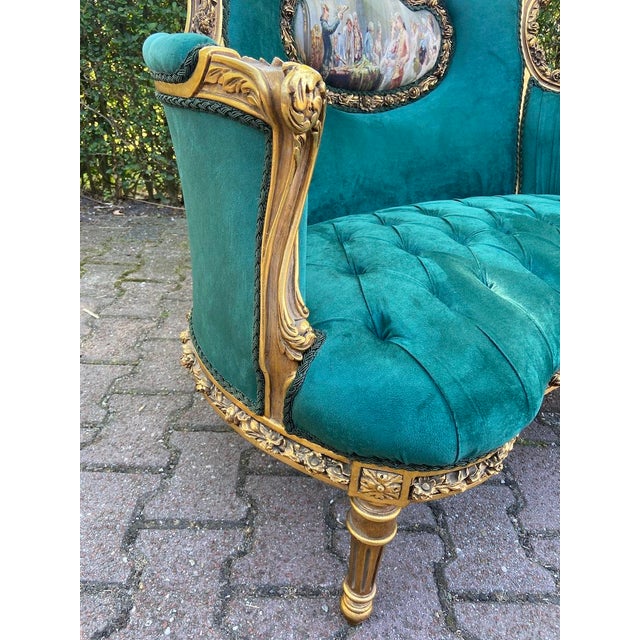 1980 French Artisan Louis XVI Gold Green Velvet Settee For Sale - Image 11 of 12