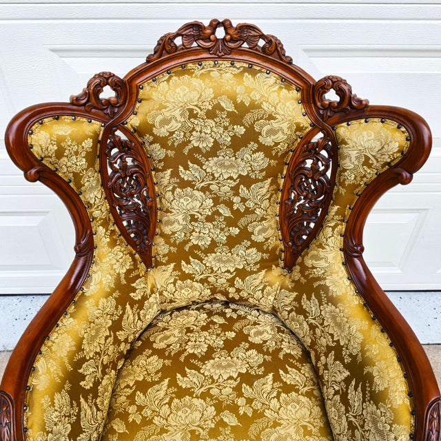 Victorian Victorian Rococo Revival Carved Bird Crest Music Room Wingback Armchair For Sale - Image 3 of 18