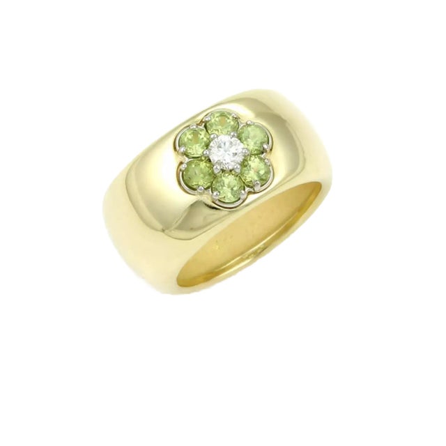 Hammerman Brothers Diamond Peridot 18k Yellow Gold Floral Wide Band Ring - Size 6 For Sale