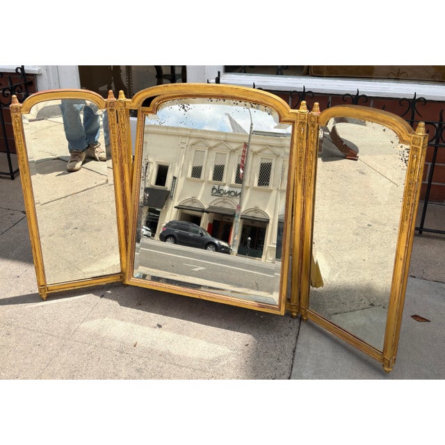 French Antique Louis XVI Style Giltwood Tryptic Vanity Table Mirror For Sale - Image 3 of 5