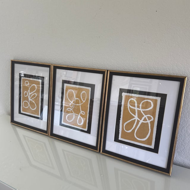 Set of 3 Original Abstract Acrylic Paintings on Heavyweight Paper with Deckled Edges Matted and Framed