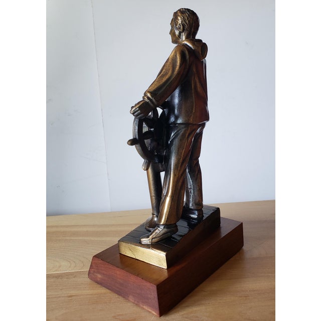 Mid-Century Modern Vintage Nautical Sailor Sculpture by Ferdinand G. Rebechini – Bronze Finish on Wood Base For Sale - Image 3 of 9